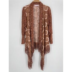 Pretty Angel Cardigan Kimono Jacket S/M Pink Lace Trim Fringe Boho Geometric